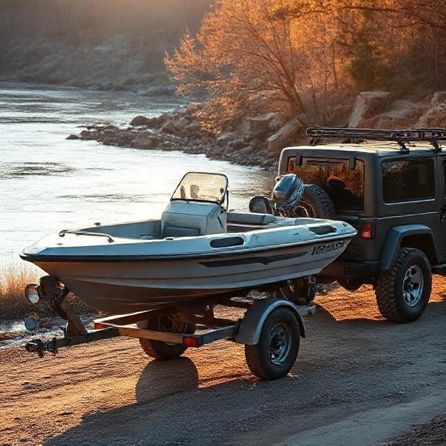 Mini jet boat on trailer hitched to SUV; no motor visible